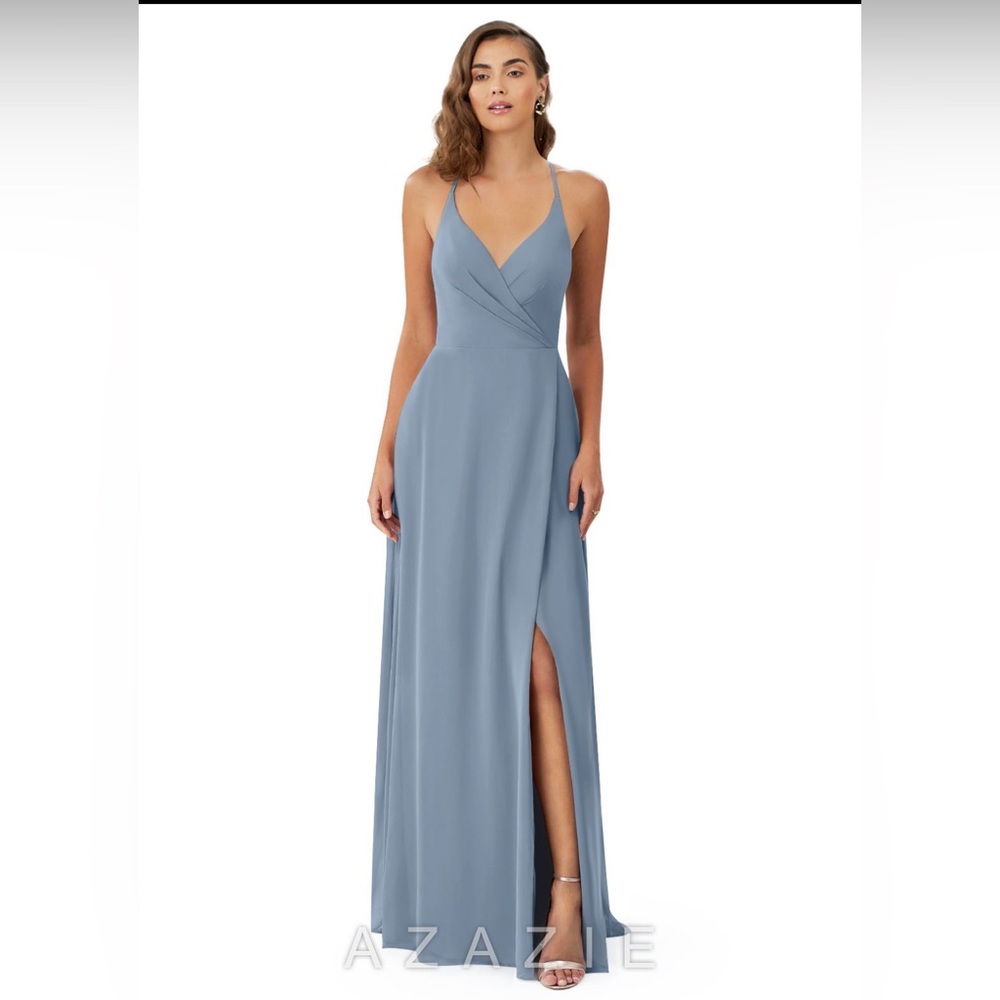 Azazie Dusty Blue Chiffon Maxi Dress with X Halter Back
